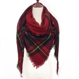 Red Yellow Multi Plaid Fringe Triangle Scarf New